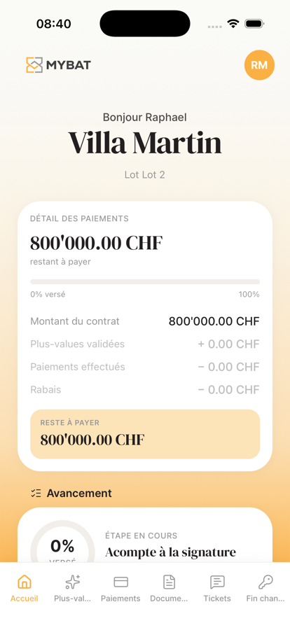 Écran d'accueil de l'app MyBat